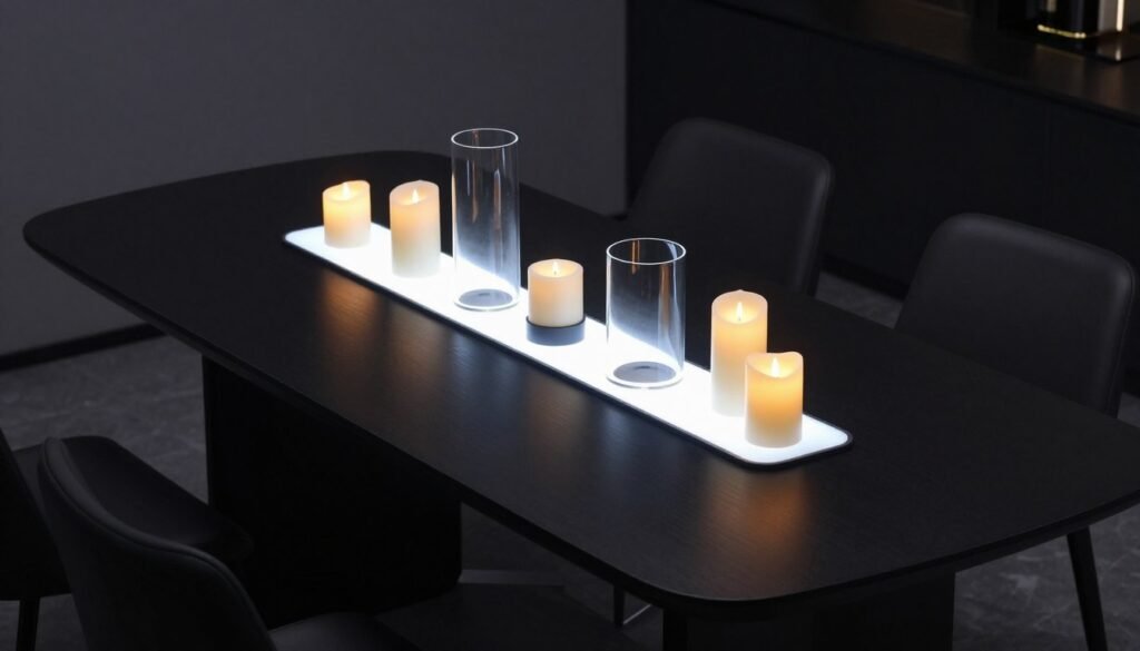 Black dining table with modern LED lighting elements integrated into the decor