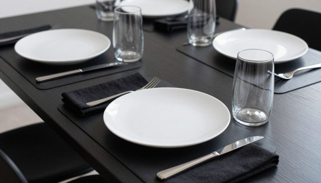 Black dining table with monochromatic black and white place settings