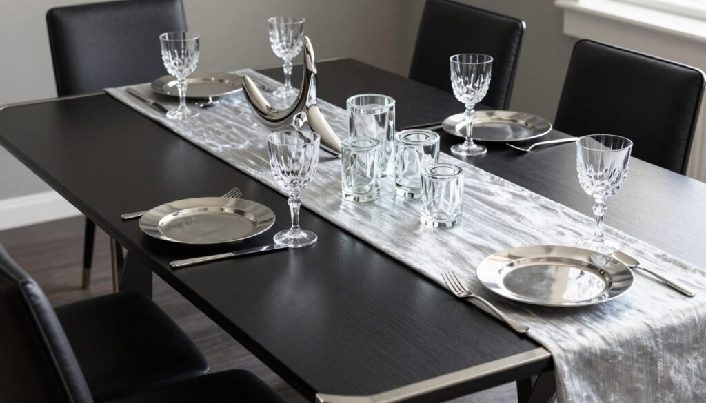 Black dining table with silver and chrome accents for a contemporary elegant look