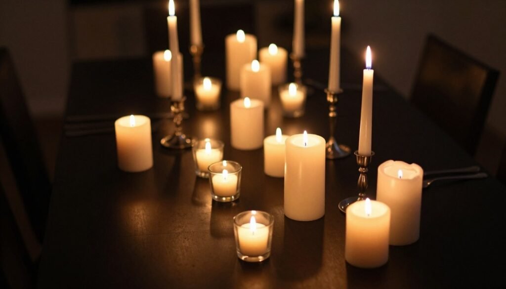 Black dining table with various candles creating ambient lighting