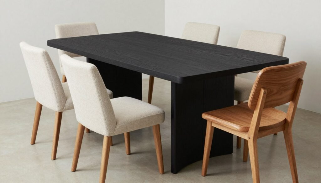 Black dining table with various chair styles showing different pairing options