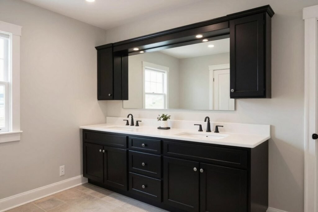 Black double vanity grounding a large bathroom with high ceilings
