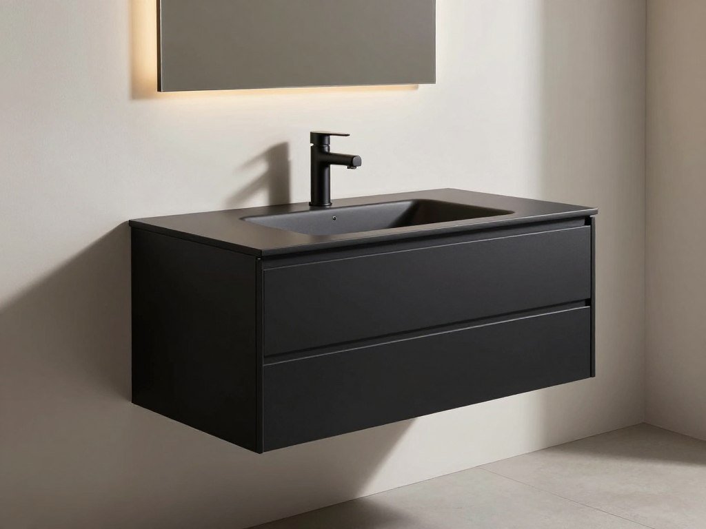 Black floating vanity creating visual depth in a bathroom with strategic lighting