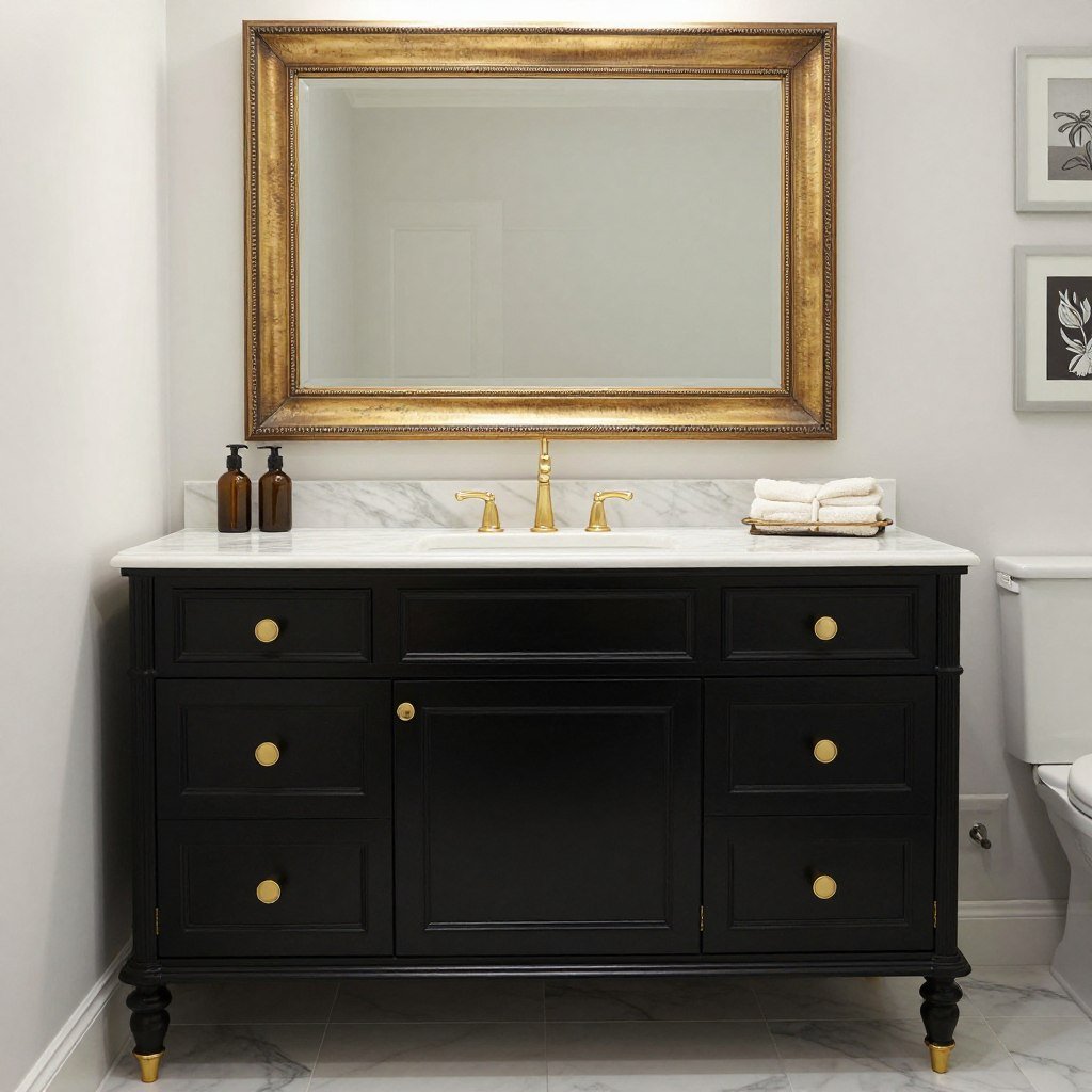 Black painted bathroom vanity with gold hardware and marble countertop in a luxury bathroom