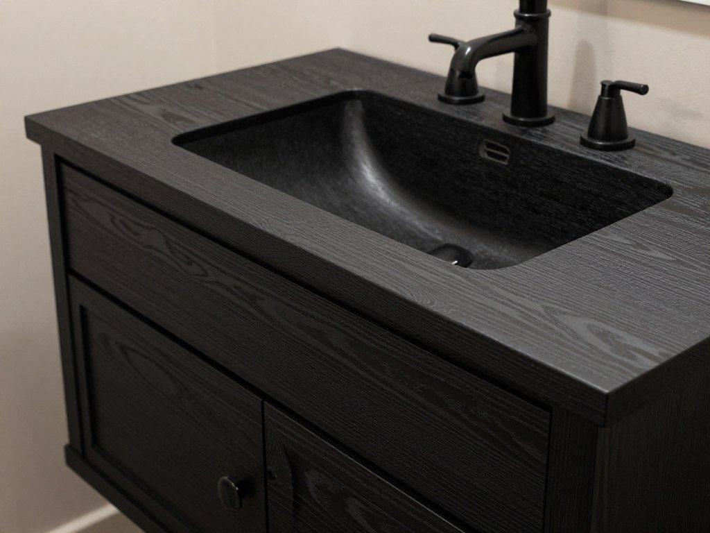 Black stained wood bathroom vanity showing natural grain patterns