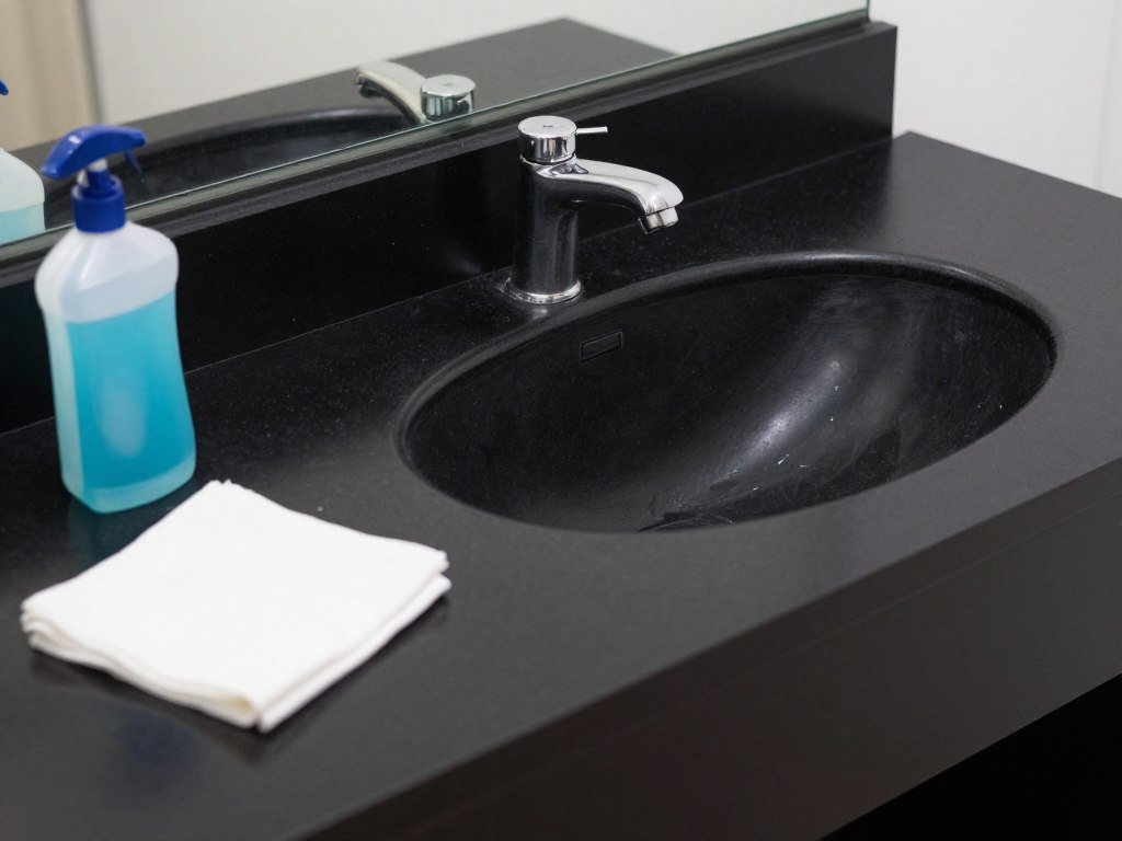 Black vanity being cleaned to show maintenance considerations