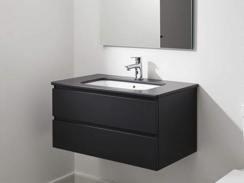Black vanity properly sized for bathroom space with good proportions