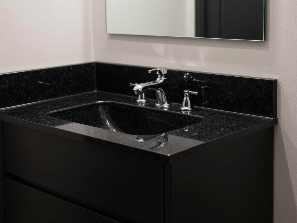 Black vanity with black granite countertop creating a monochromatic look