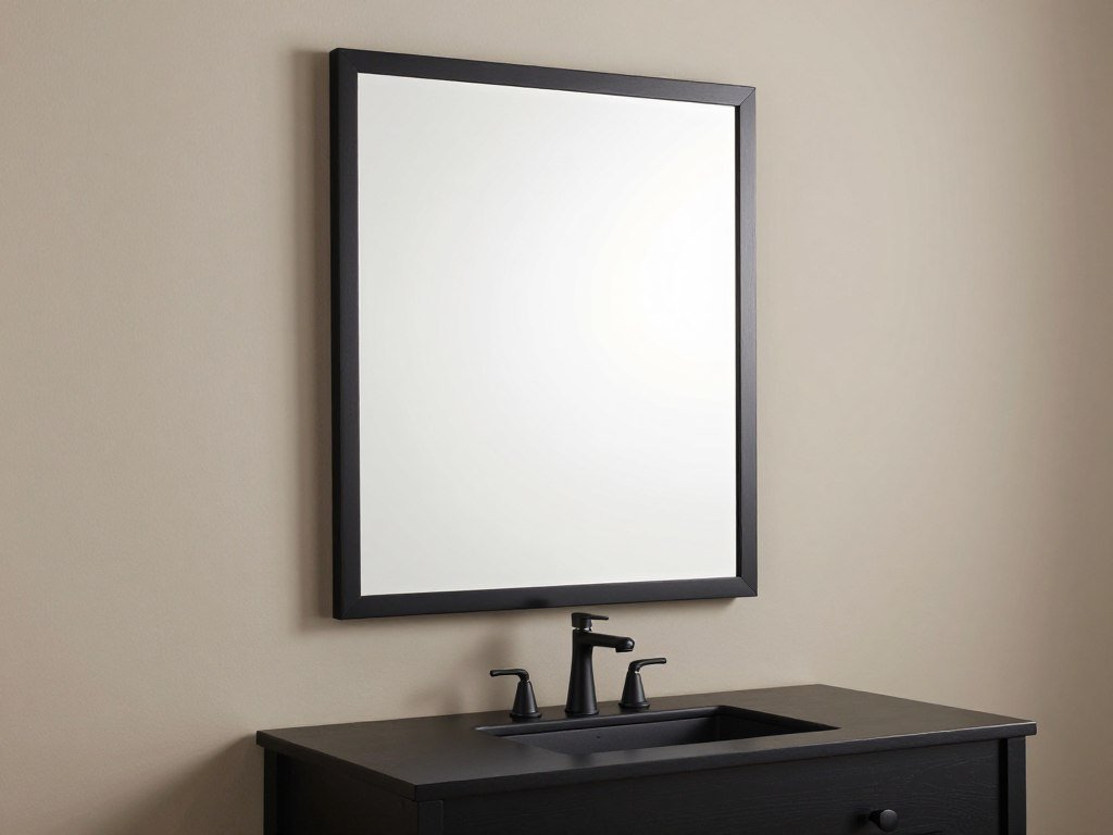 Black vanity with coordinating black framed mirror