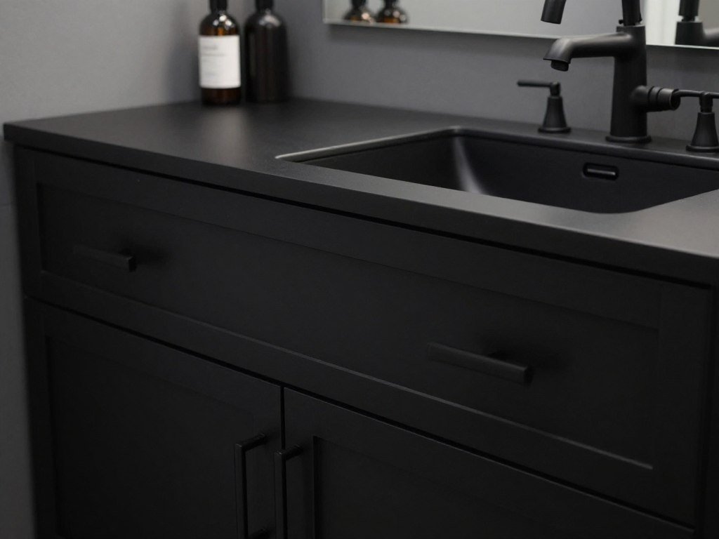 Black vanity with matching matte black hardware for a seamless look