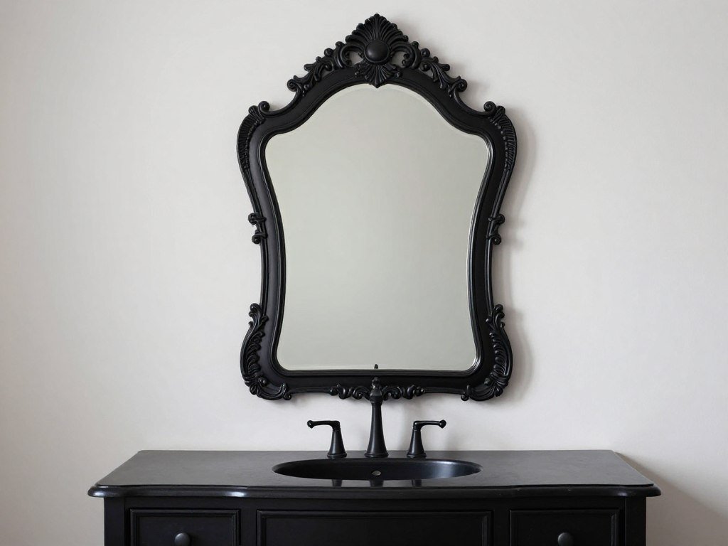 Black vanity with ornate or uniquely shaped decorative mirror