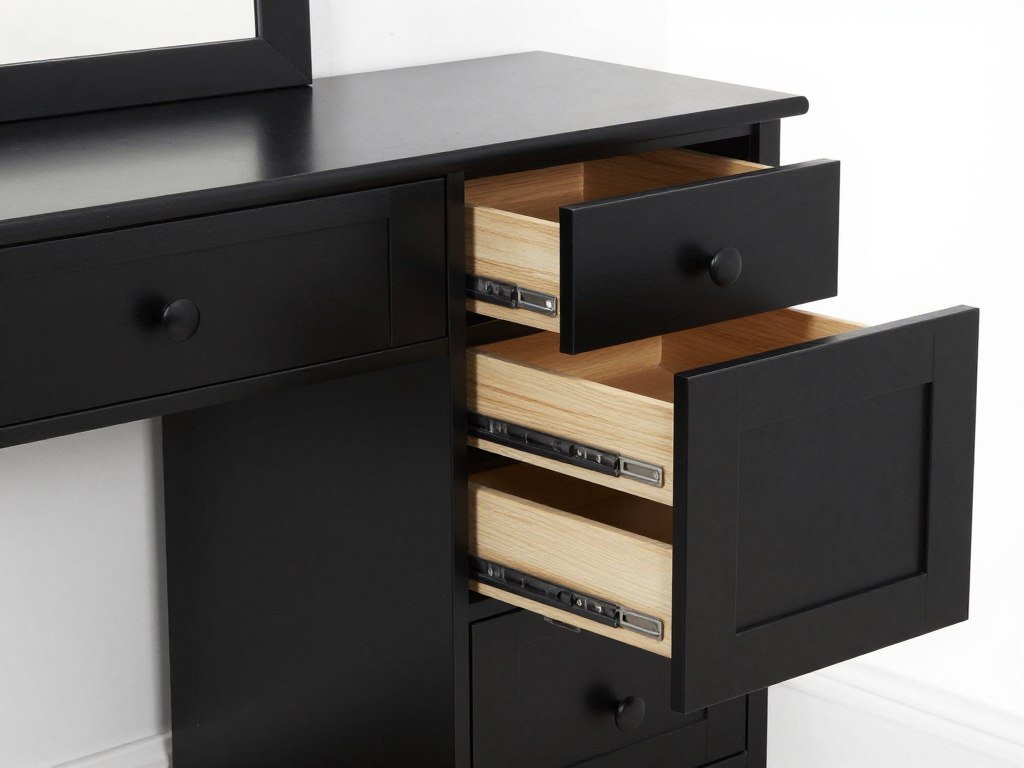 Black vanity with various storage options including drawers and cabinets