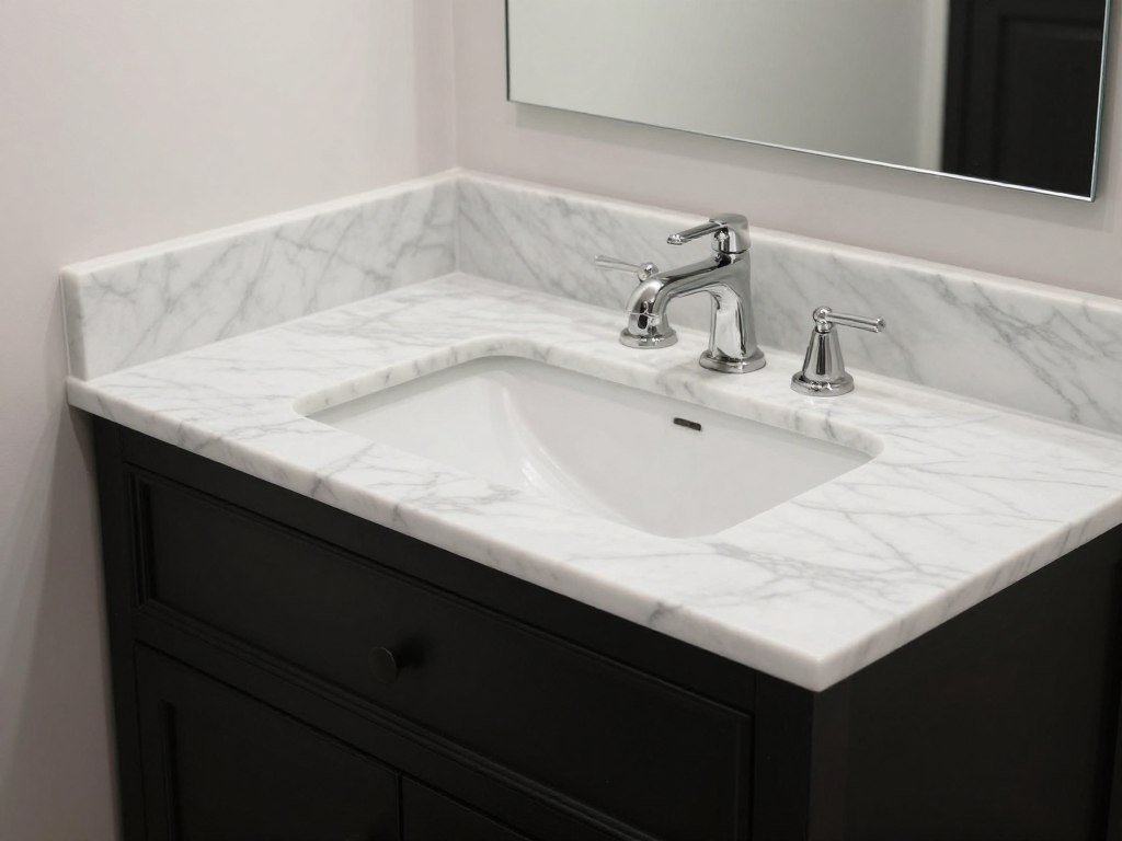 Black vanity with white marble countertop creating classic contrast