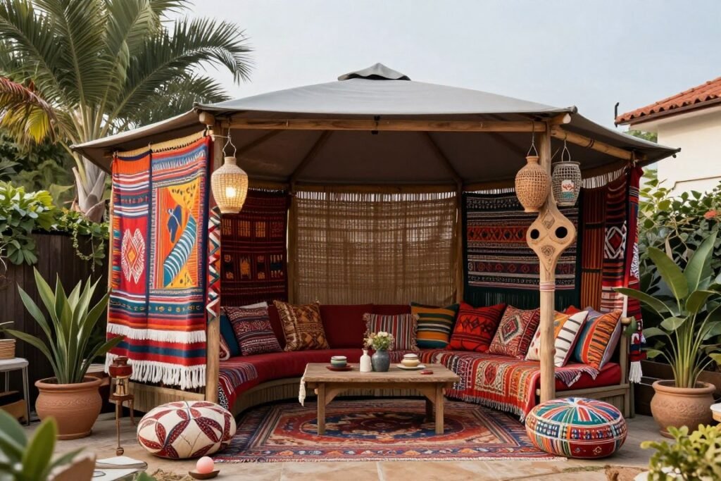 Bohemian backyard pavilion with colorful textiles and eclectic decor