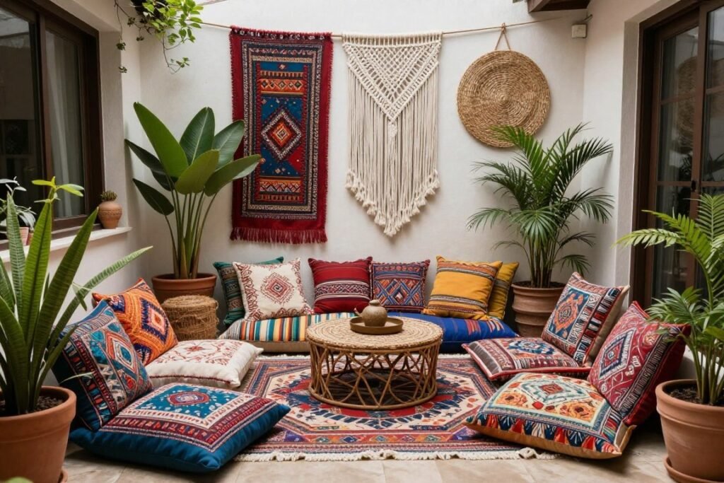 Bohemian eclectic small patio with layered textiles and mixed patterns