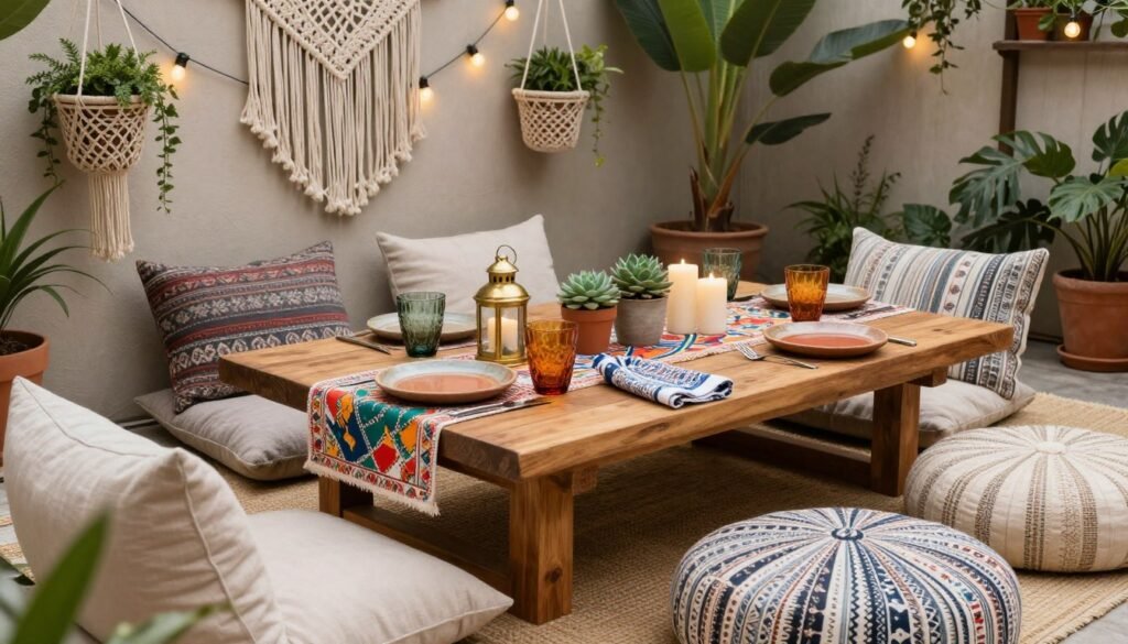 Bohemian outdoor dining setup with colorful textiles and low table