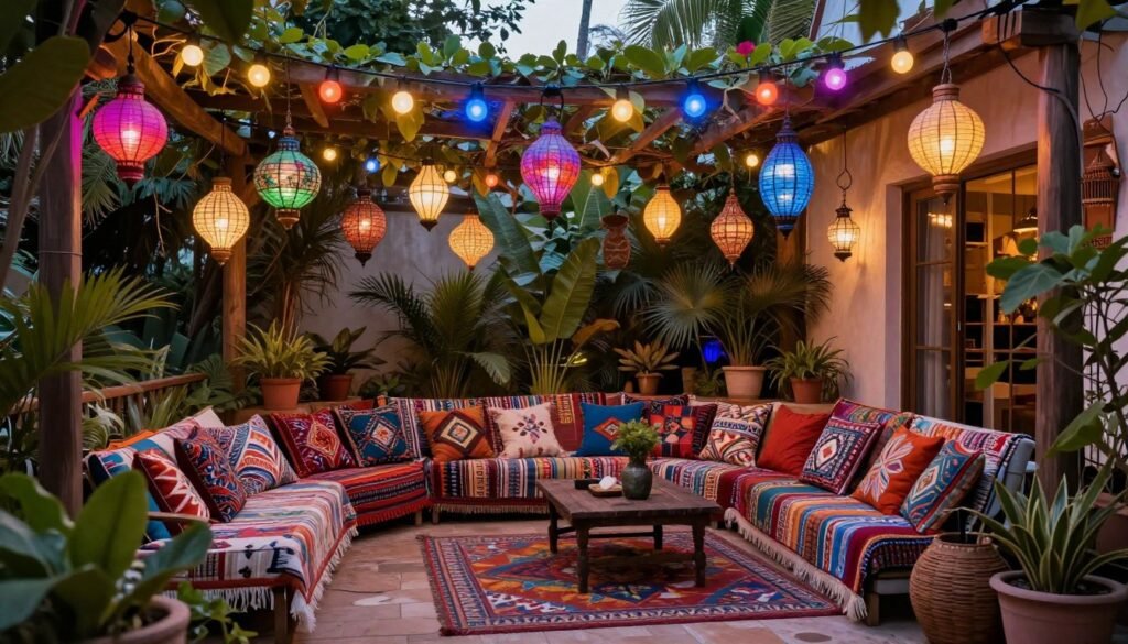 Bohemian patio with colorful string lights and lanterns