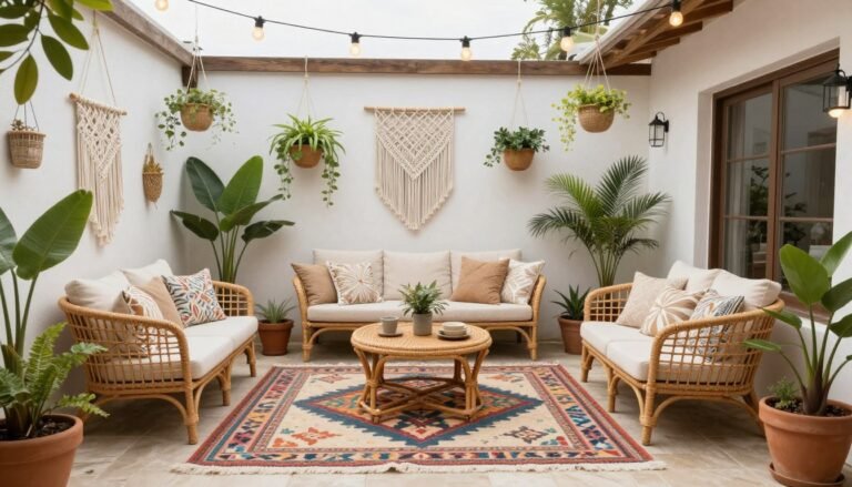 Bohemian patio with layered textiles, rattan furniture, and abundant plants