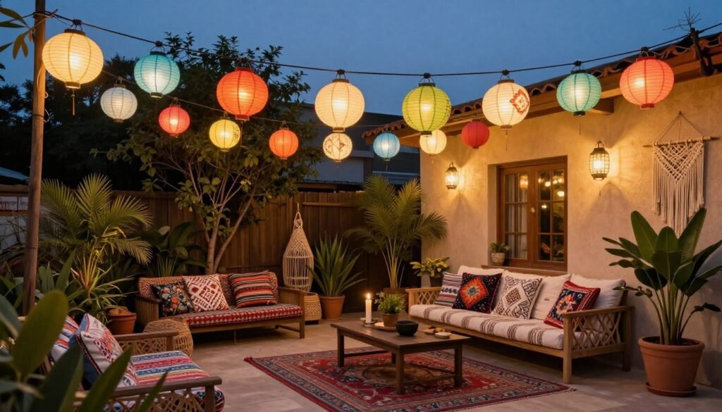 Bohemian-style patio with colorful string lights, lanterns, and eclectic furniture