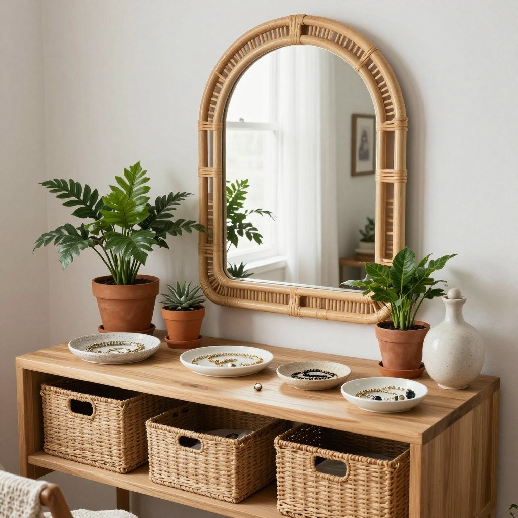 Bohemian style vanity with natural elements and eclectic accessories