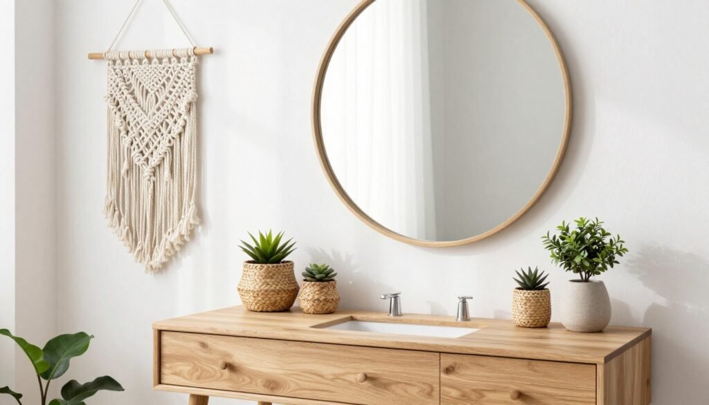 Bohemian style vanity with natural wood, woven baskets, and plants in a bright, airy space