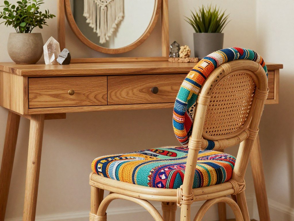 Bohemian vanity chair with rattan elements and colorful textured upholstery