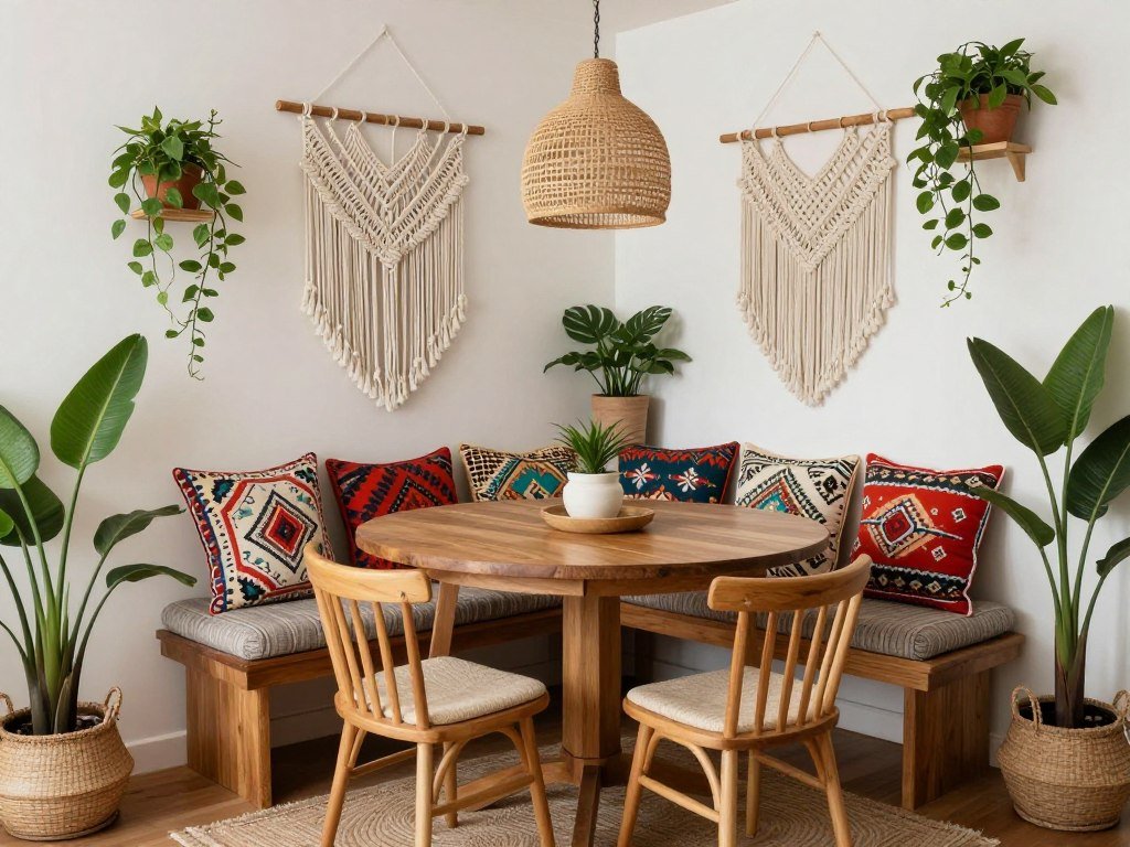 Boho chic corner dining nook with colorful textiles and plants