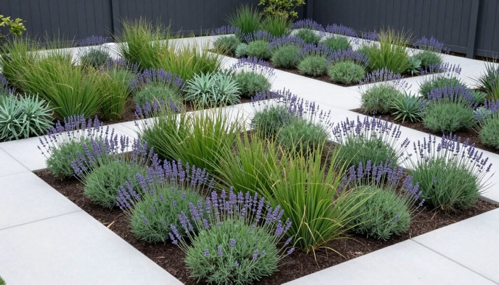 Bold mass plantings of a single species creating strong visual impact in modern backyard landscaping