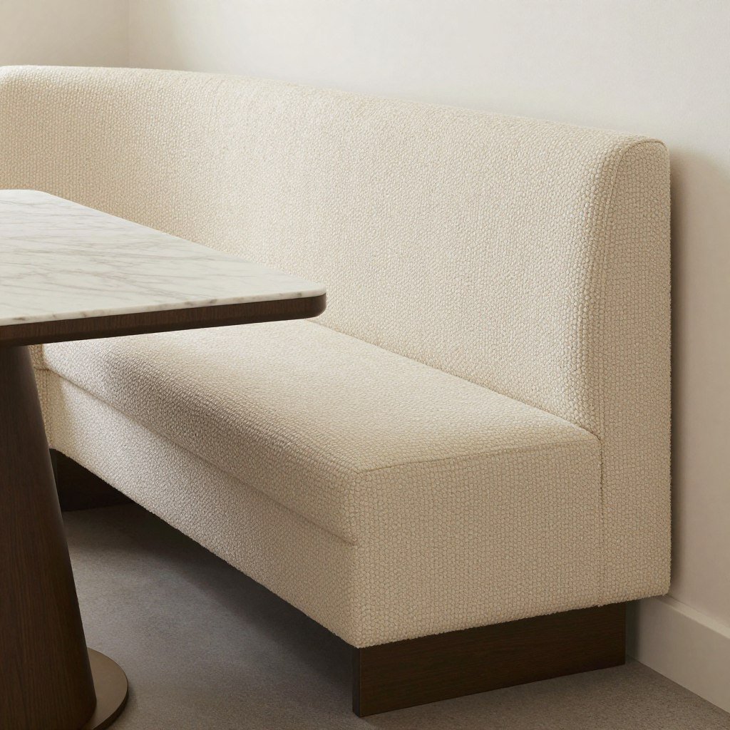 Bouclé dining banquette bench with textured fabric and modern design