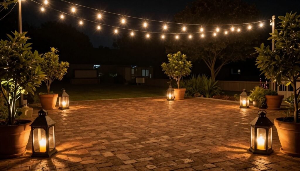 Brick patio at night with string lights, lanterns, and potted plants