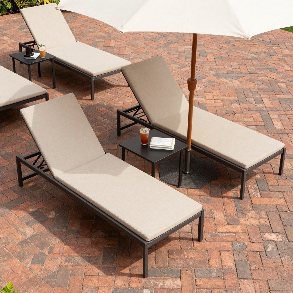 Brick patio with chaise lounges and side tables for relaxation