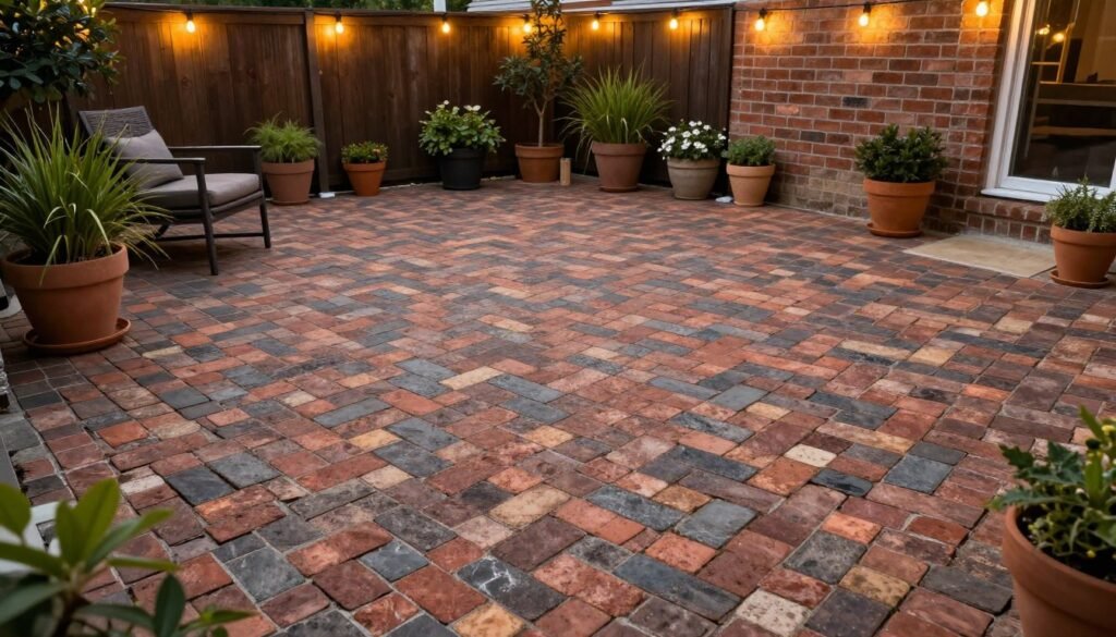 Brick paver patio arranged in a herringbone pattern with comfortable seating, container gardens, and string lights creating a warm atmosphere