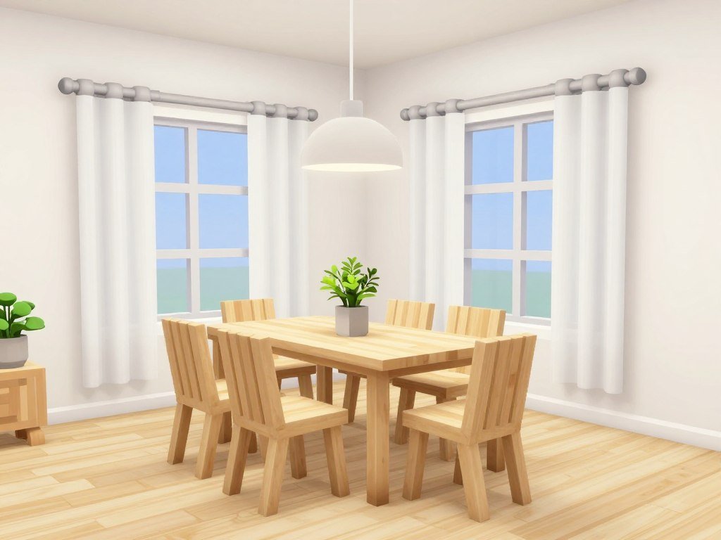 Bright Scandinavian style Bloxburg dining room with light woods and white accents