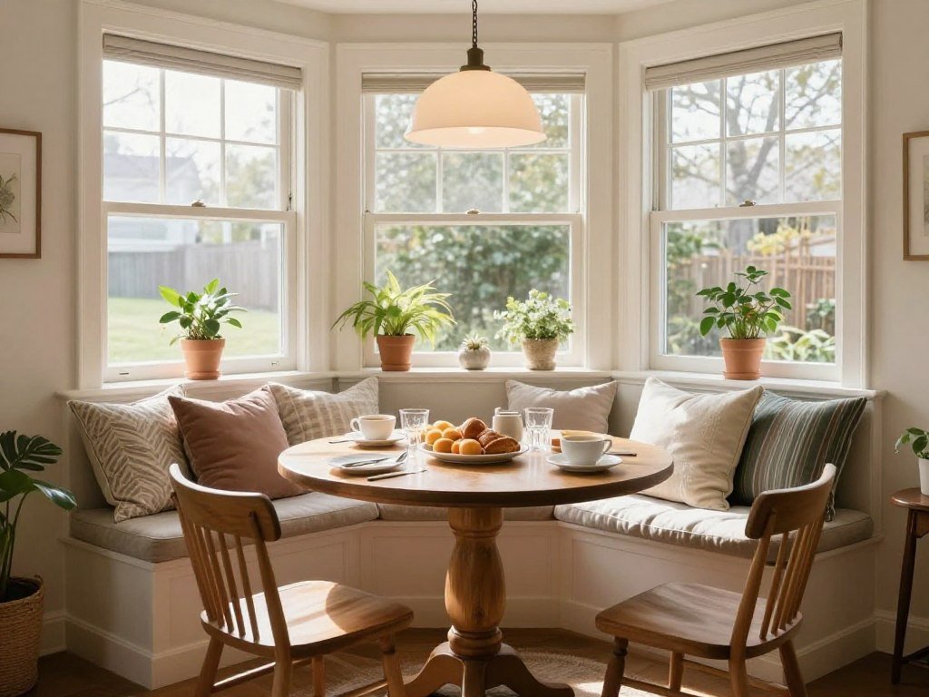 Bright breakfast nook with window seat and round table