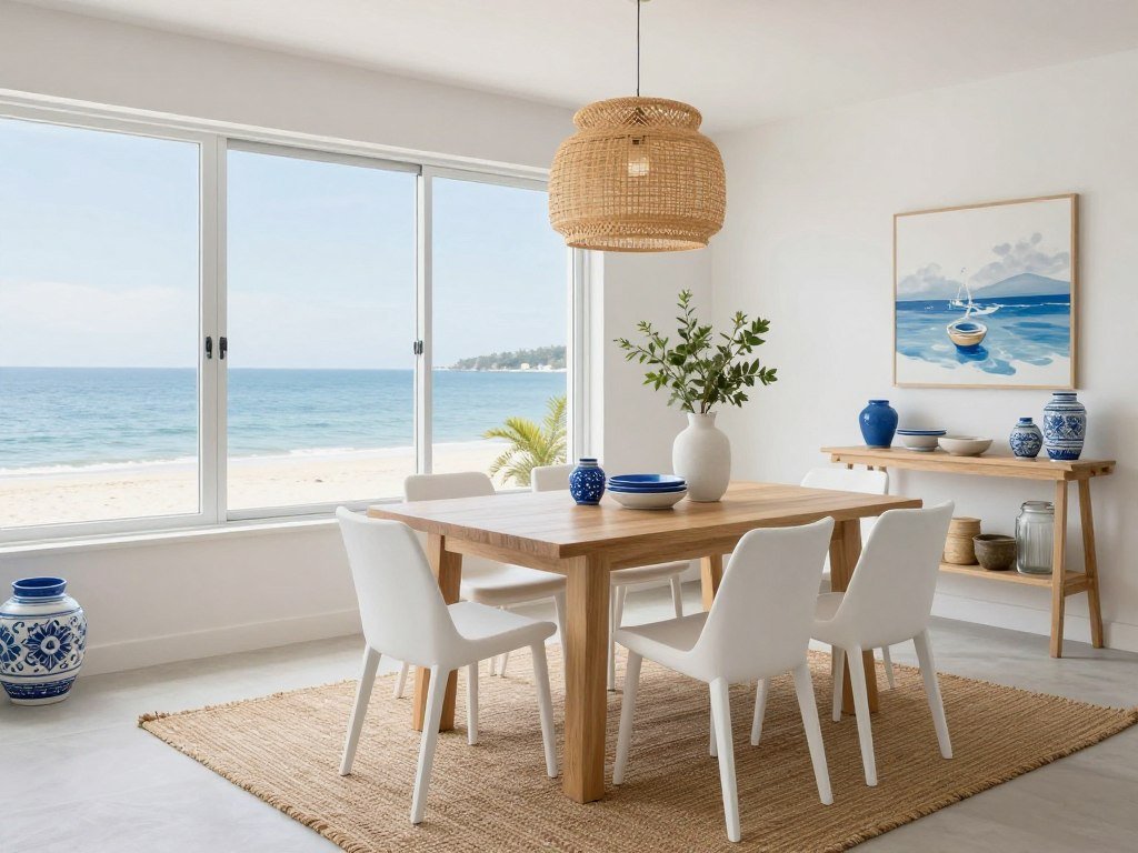 Bright coastal dining area with ocean view, natural fiber rug, and blue accents