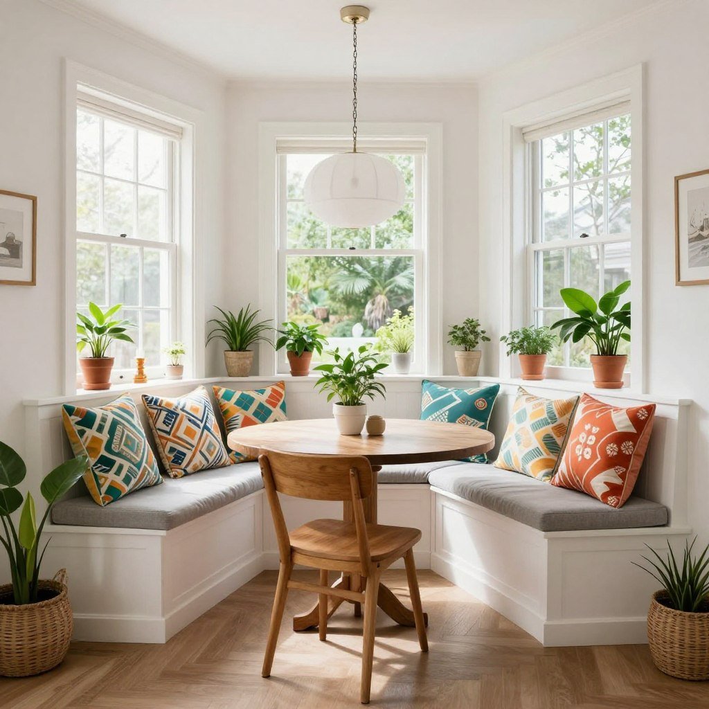 Bright corner dining nook with colorful cushions and plants