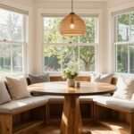 Bright corner dining nook with window views, featuring a round table, built-in bench seating with storage underneath, and pendant lighting creating a cozy atmosphere