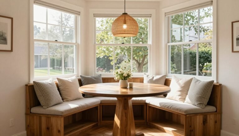 Bright corner dining nook with window views, featuring a round table, built-in bench seating with storage underneath, and pendant lighting creating a cozy atmosphere