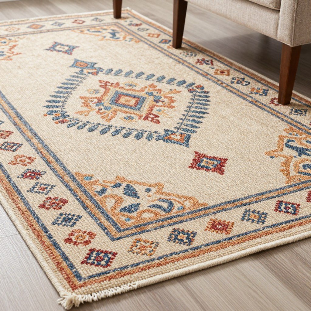 Bright dining area with a washable cotton flatweave rug in a colorful pattern