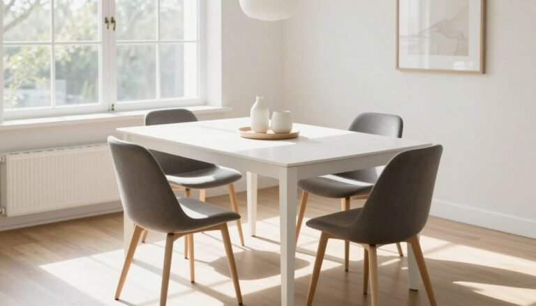 Bright dining room with white rectangular dining table surrounded by stylish chairs near large windows