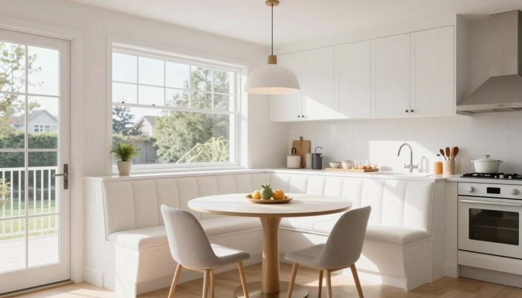 Bright kitchen with dining booth in breakfast nook area