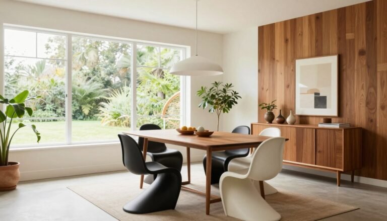Bright mid century modern dining room with walnut table, iconic chairs, and pendant lighting