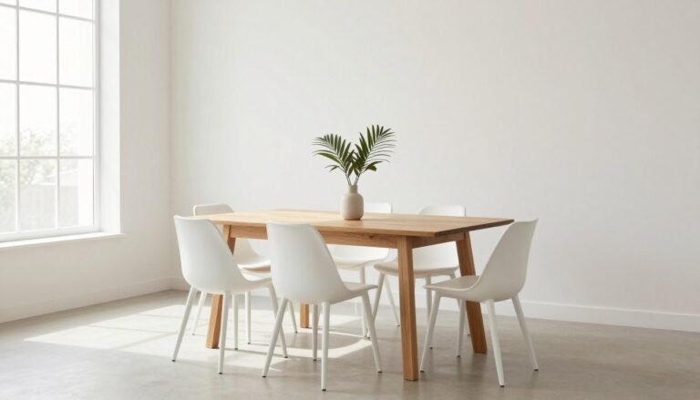 Bright minimalist dining room with wooden table and white chairs