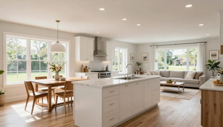 Bright open concept kitchen dining living room with natural light flowing through large windows