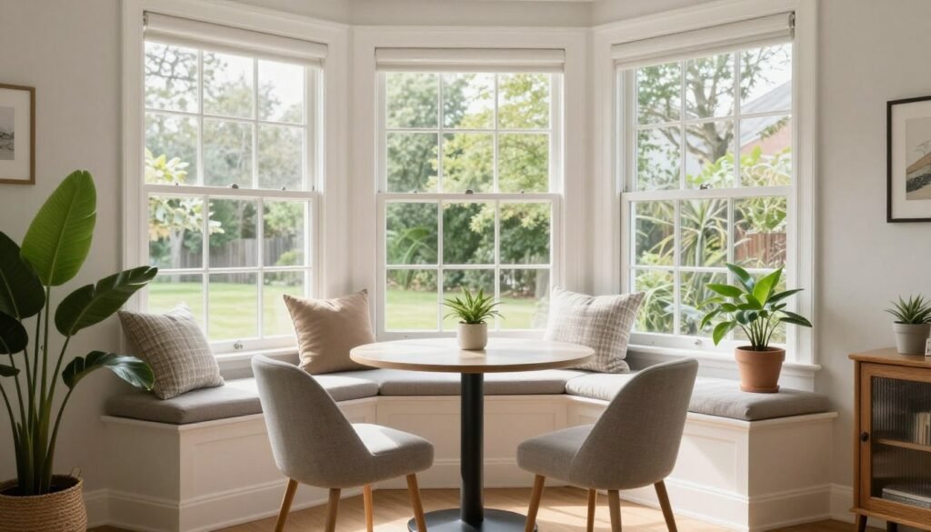 Bright window dining nook with bay windows, cushioned window seat, small round table, and two chairs, surrounded by plants and natural light