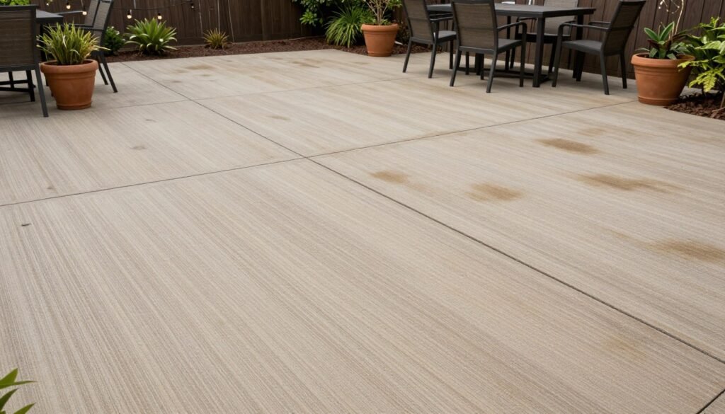 Broom-finished concrete patio with subtle linear texture and earth-toned stain