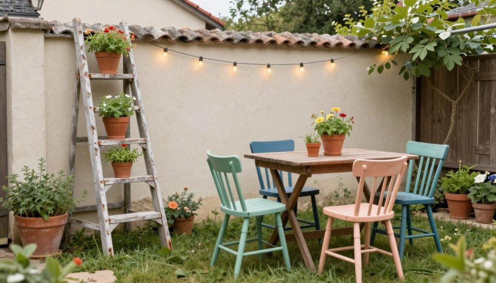 Budget-friendly French country backyard with repurposed elements