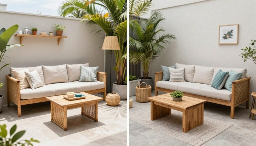 Budget-friendly apartment patio makeover showing DIY projects, upcycled furniture, and affordable decor creating a stylish space