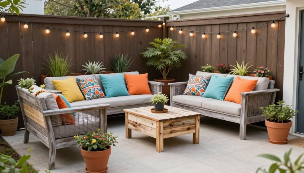 Budget-friendly back patio with DIY elements, repurposed furniture, and creative lighting Budget-friendly back patio with DIY elements, repurposed furniture, and creative lighting