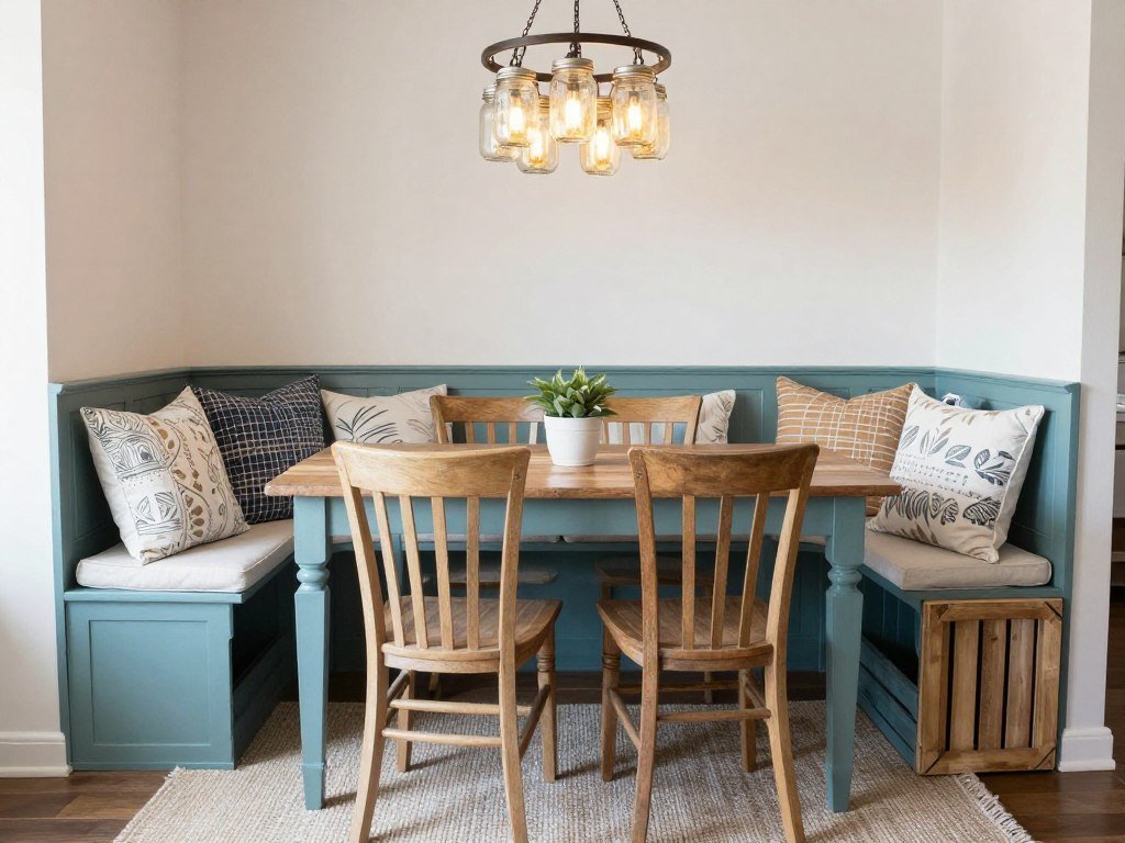 Budget-friendly dining nook created with thrifted furniture, DIY cushions, repurposed items, and creative upcycling projects